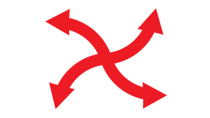 Interlocking red arrows forming an 'X' shape, representing conflict, connection, or intersecting trajectories.