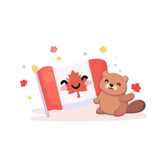 Canada Flag Cute Kawaii Illustration With Smiling Maple Leaf And Beaver Character. Cute Canada Culture Vector Featuring Friendly Beaver And Autumn Maple Leaves
