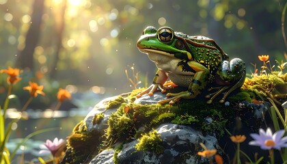 A bright green and brown frog sits serenely on moss-covered rock amidst flowers near sun-dappled water and verdant trees