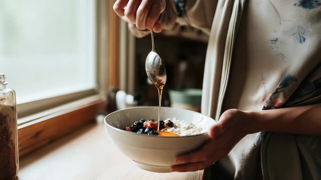 person preparing oatmeal breakfast at home, candid morning lifestyle moment, hands adding berries and drizzling honey, natural win  4K