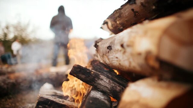premium commercial stock photo of a traditional wooden fire burning outdoors, stacked timber logs with strong flames, cultural ritual atmosphere, shallow depth of  4K