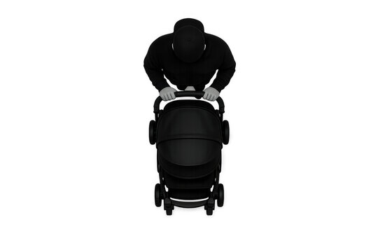 Top view of a person in a black hoodie pushing a black stroller on a black background