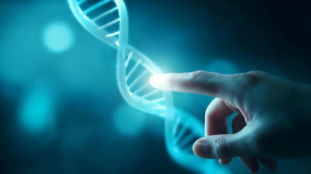 a human hand reaching toward a glowing DNA double helix hologram, fingertip almost touching the luminous helix, futuristic biotech 4K