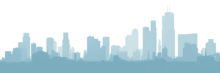 Obraz premium Wide view of a blue-toned cityscape silhouette, showcasing a dense collection of diverse buildings and skyscrapers, suggesting a vast and thriving urban environment.