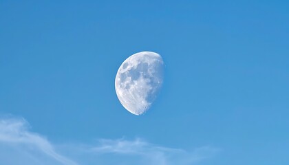 A bright, half-illuminated moon shines in a vivid blue sky with wisps of high, thin clouds at the bottom of the frame
