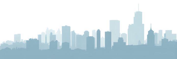 Obraz premium City skyline silhouette with multiple distinct skyscrapers and urban structures, presented in a soft blue gradient against a clean white background, offering a versatile design asset.