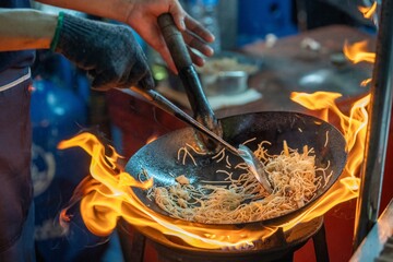 Obraz premium Pad Thai noodles is fried noodles cook in pan with big fire flame is hong kong style. Pad Thai famous Asian Thai street fast food in hot pan, Pad Thai is fried noodle dish a street food Thailand