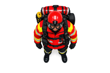 Firefighter in full gear with backpack, viewed from above, isolated on black background