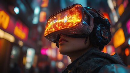 Virtual reality experience in neon city urban futuristic perspective tech concept