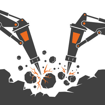 Powerful Industrial Breakers Crushing Rocks With Forceful Impact Demolition Scene