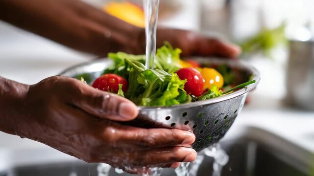 hands holding and rinsing a metal colander full of fresh salad greens under running water, medium close-up framing, vivid lettuce   4K
