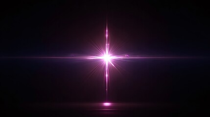 Bright glowing purple cross shaped lens flare with bold horizontal and vertical rays, vibrant cosmic illumination and subtle surface reflection against a dark abstract background