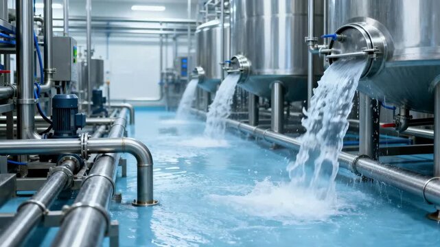 Medium shot of final rinse phase in dairy CIP system flushing pipes and tanks with purified water for residuefree foodsafe sanitation.