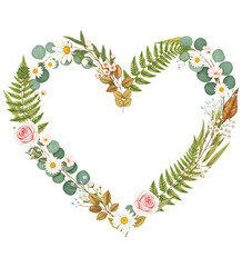 Romantic watercolor floral heart wreath with roses and daisies for wedding invitation