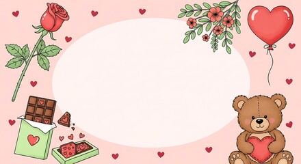 Cute Valentine Background with Teddy Bear, Hearts, Rose and Chocolate &ndash; Romantic Love Illustration