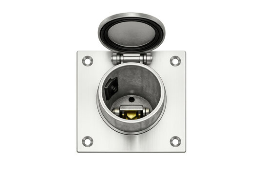 Close-up of an open industrial electrical socket with a brushed metal finish and protective cover