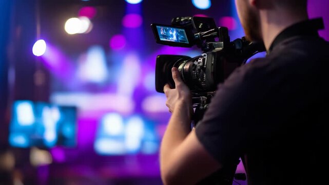 over-the-shoulder angle of a camera operator filming a live stage event, operator faceless (no visible face), camera on tripod in fore 4K