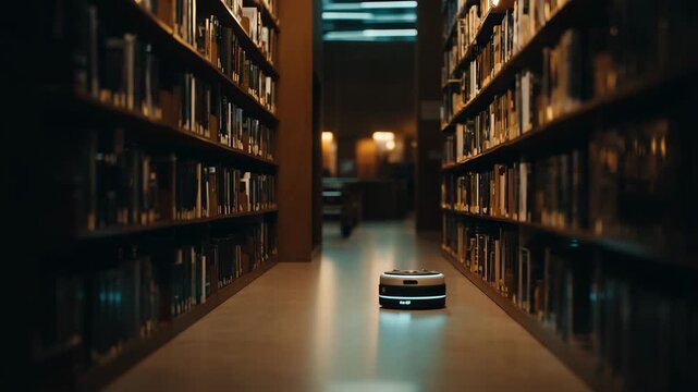 photo POV perspective of a robot navigating a library aisle, shelves on both sides, subtle futuristic scanning light on book spines (no read 4K