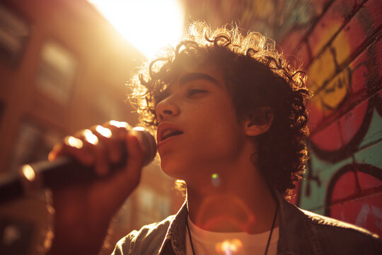Teen boy teaches friends beatboxing patterns with mic toy during afternoon in urban setting