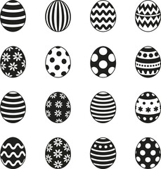 Black and white Easter eggs with various patterns and designs