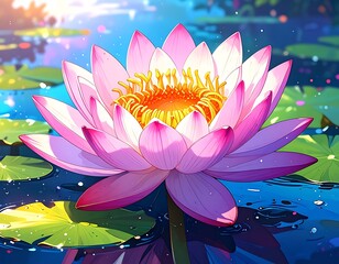 A bright pink lotus flower with yellow center on dark, shiny water with green lily pads, bokeh and sunlit