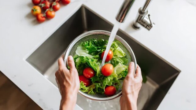 top-down overhead view of hands washing salad in a metal colander in the kitchen sink, clean modern countertop, vivid greens and tomat  4K