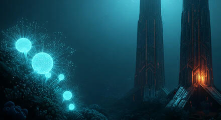 Underwater scene with glowing orbs and tall, dark structure, creating a sense of mystery and potential exploration, perfect for fantasy or science concepts