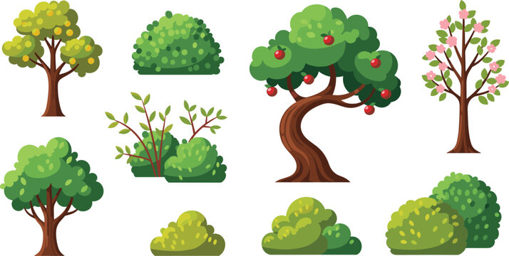 Cartoon garden trees and bushes vector set with apple tree, flowering plants and green shrubs isolated on white background for landscape and nature design