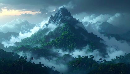 A lush, green mountain peak shrouded in mist, under a partly cloudy sky, with vibrant tropical vegetation covering the slopes