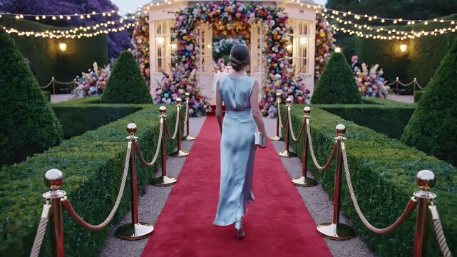 Glamorous Woman Walks Red Carpet Through Garden Nightlights.