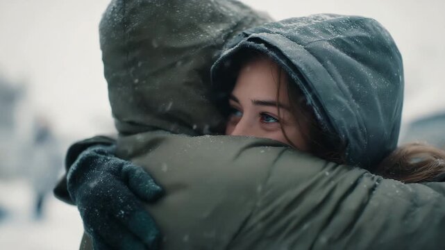 two people hugging during a real snowstorm, candid lifestyle moment, natural imperfect light, colder tones, visible natural camera  4K