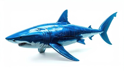 Fototapeta premium Blue Shark Toy on White Background.