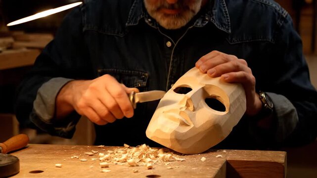 Craftsman carving wooden mask by hand in workshop