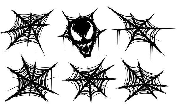 Venom Style Halloween Spider Web Sketch Vector Illustration Set