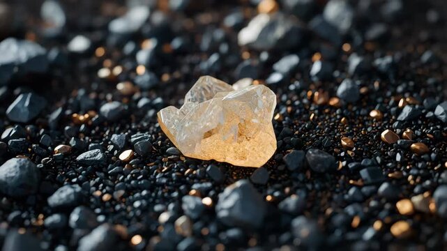 Golden crystal glow on black pebble beach with rich gold stone texture and warm highlights