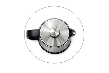 Overhead view of a modern brushed stainless steel electric kettle with a black handle on a black background