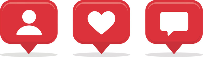 Red social media icons for like, comment, and follow