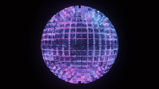 Glowing Grid Sphere Illuminated in Purple and Blue Motion.