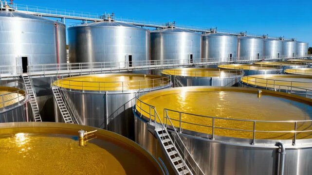Medium shot showcasing horizontal tanks filled with edible oil at a soybean oil storage farm framed by a vibrant daytime sky to illustrate largescale food production.