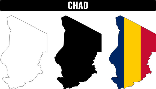 Chad shapes set showing outline, filled shape, and flag version for educational purposes