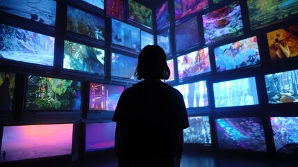 Fototapeta premium Silhouette of person in front of vibrant digital screens displaying various visuals.