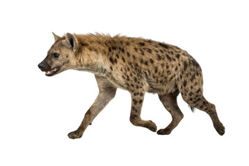 Fototapeta premium Spotted Hyena Walking Isolated on White Background in Studio Shot