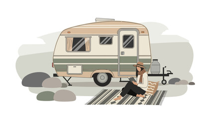 Obraz premium Retro Caravan Retreat Enjoying Leisurely Reading Outdoors In Serene Landscape
