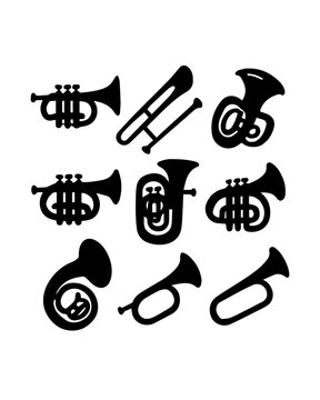 Brass Instrument Silhouette Set &ndash; Trumpets, Horns, Trombones, Tubas