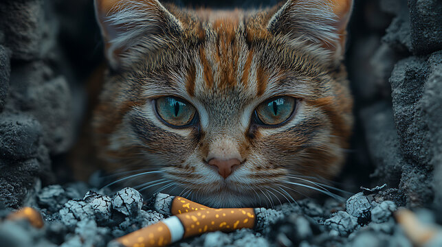 Intense gaze of a tabby cat sitting behind a burnt-out cigarette with ashes scattered studio setup 8K ultra-clear image 