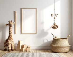 A bright, sunlit nursery with a blank frame, stuffed giraffe, wooden toys, and woven basket on a hardwood floor