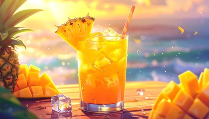 A bright, stylized image featuring a refreshing yellow cocktail with pineapple and mango pieces on a wooden surface
