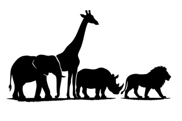 Silhouette of giraffe, elephant, rhinoceros, and lion standing together  