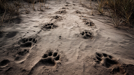 Animal paw prints on sandy ground in natural environment  