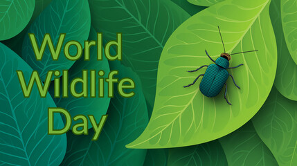World Wildlife Day graphic with green leaves and blue beetle  